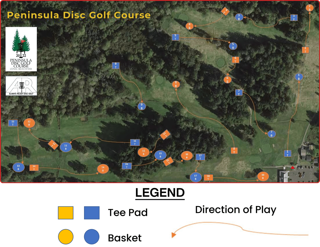 Peninsula Disc Golf map is shown, showing the basket set-up for the course located in Long Beach Washington.